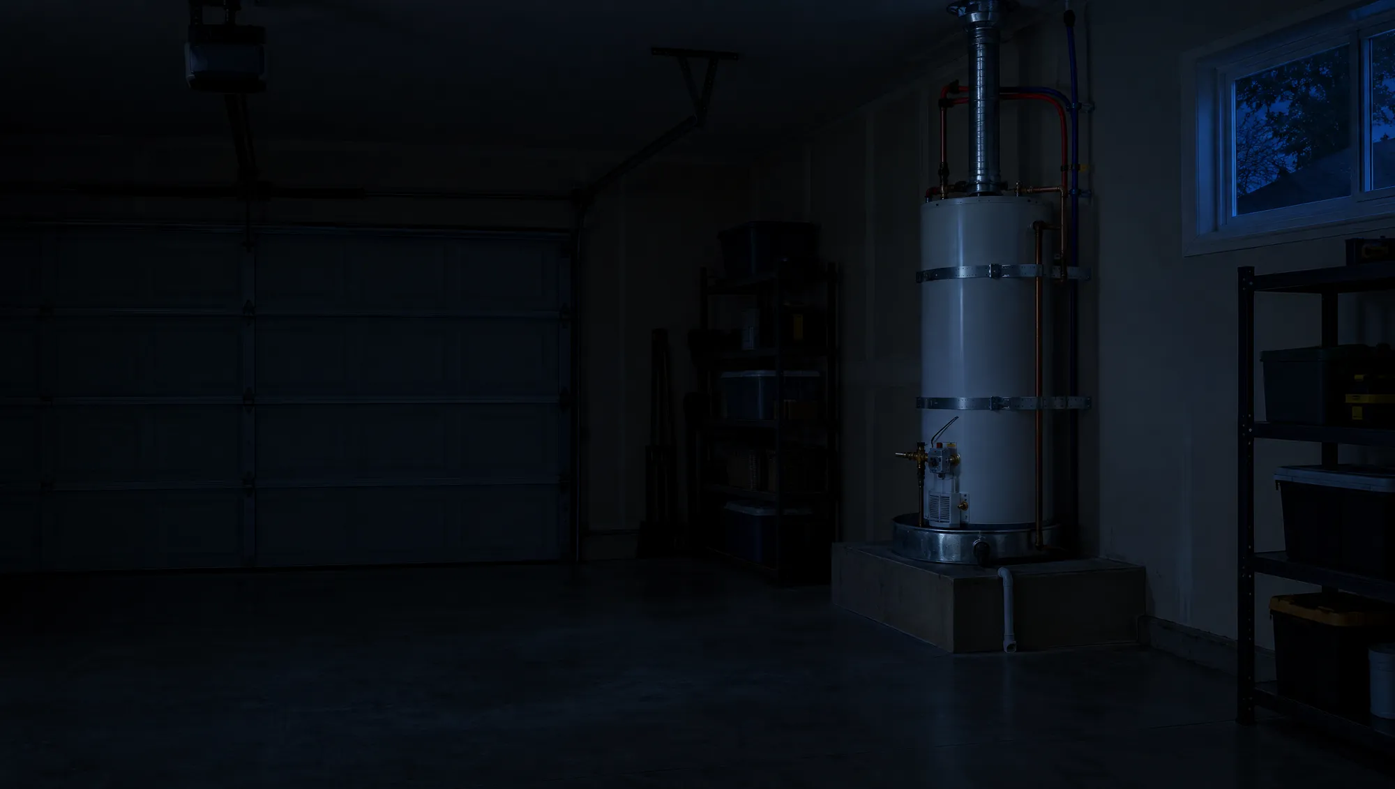 A gas water heater on a platform in a dark garage