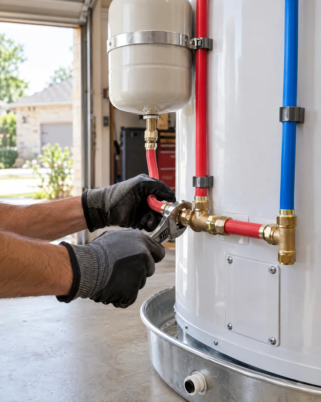 A plumber connecting red and blue water lines to a new water heater in a garage